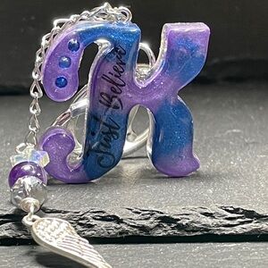 Artisan Amethyst Gemstone and Blue and Purple 'Just Believe' Letter “K” Keychain